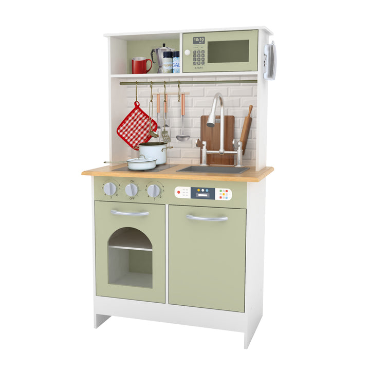 Teamson Kids Little Chef Boston Modern Wooden Kitchen Playset, White/Green with accessories, isolated on a white background.