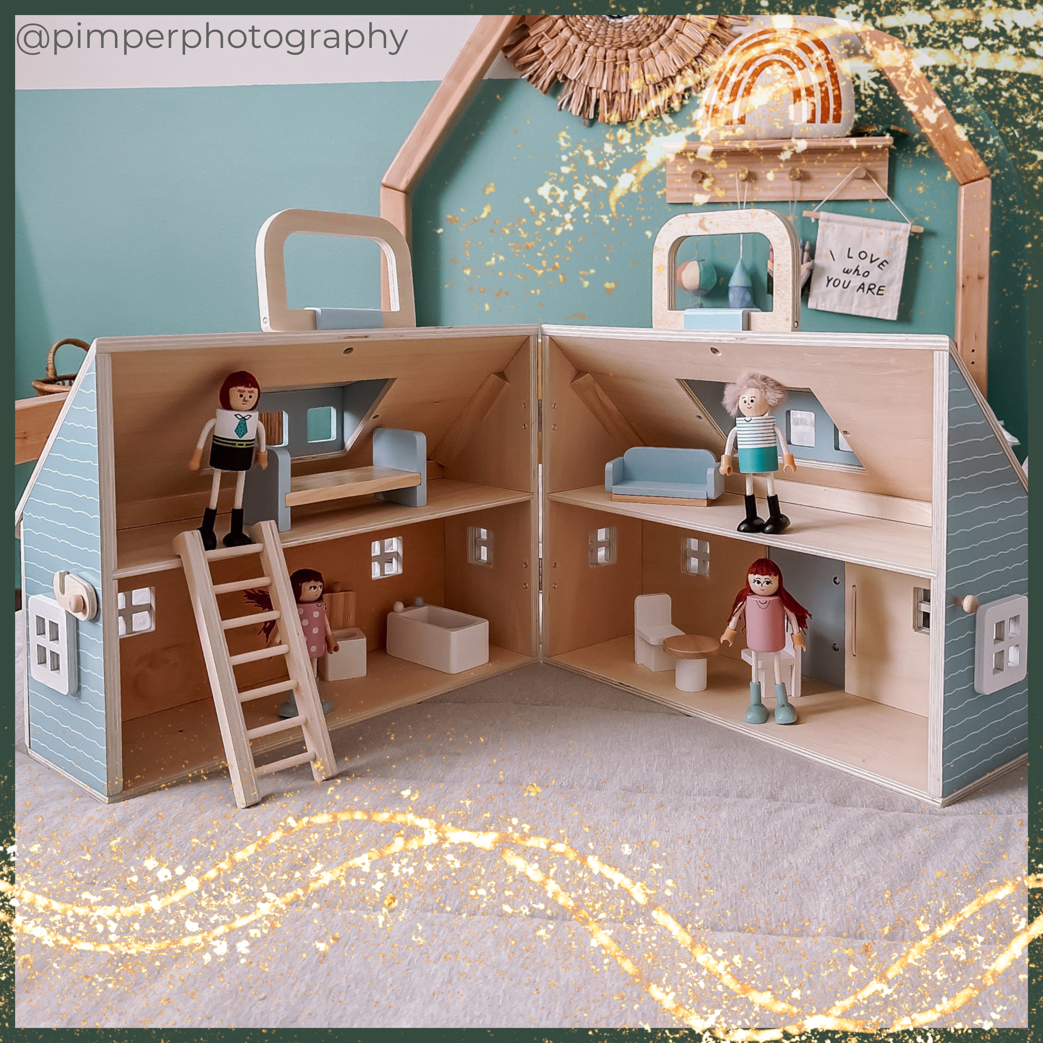 a dollhouse family of wooden friends stand in different rooms of this portable cottage house