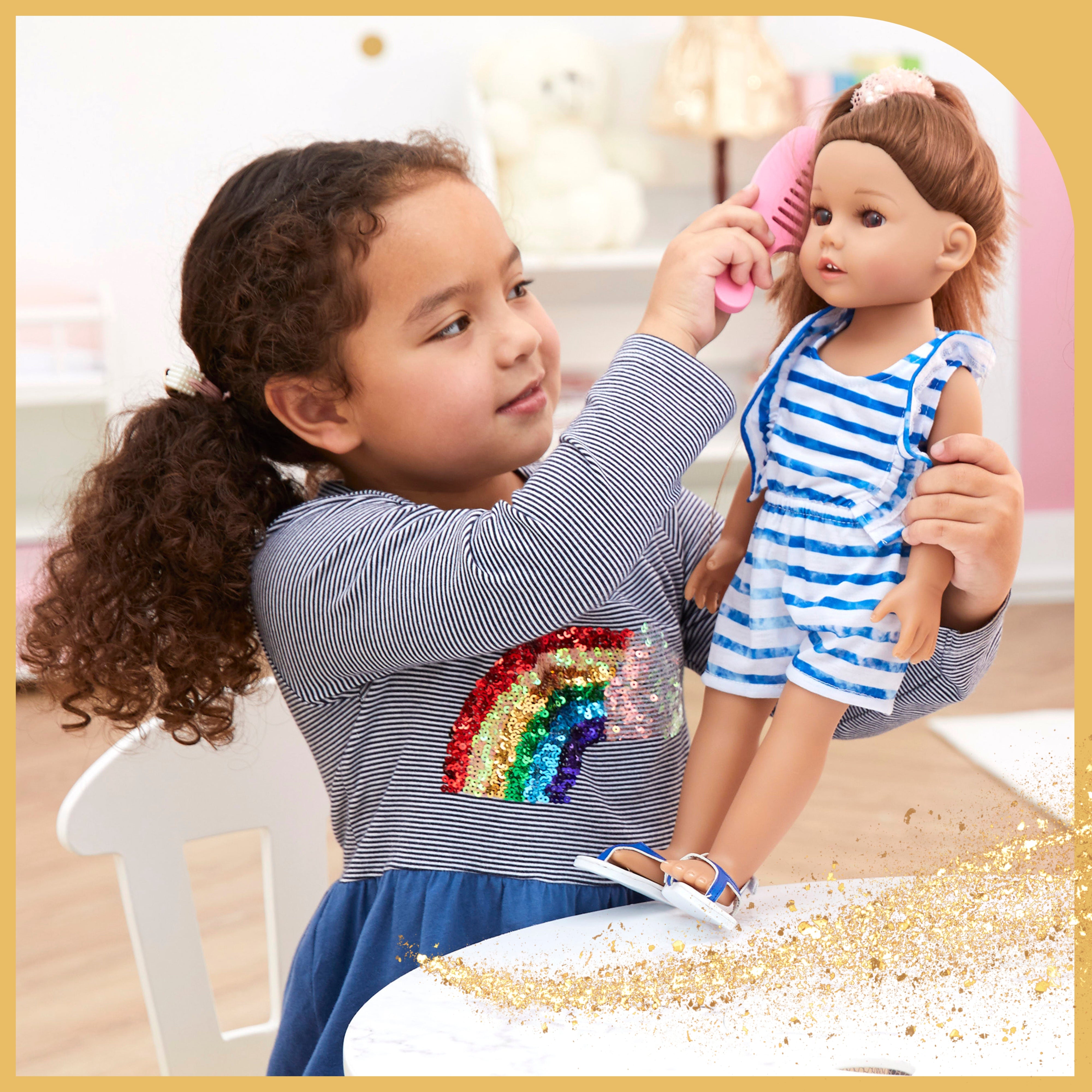 image shows a happy girl combing her dolls hair