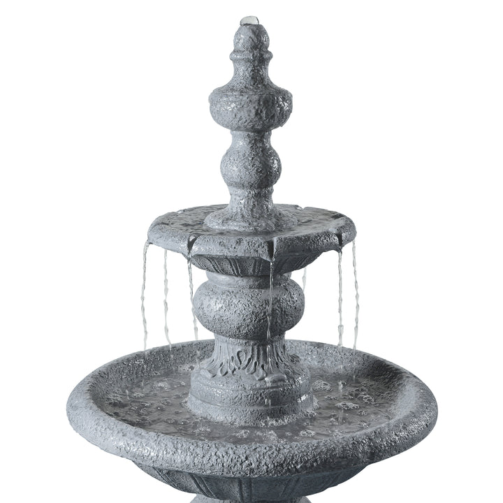 Three-tiered Teamson Home Icy Stone 2-Tier Waterfall Garden Fountain, Gray with water cascading down the levels against a white background, embodying natural tranquility.