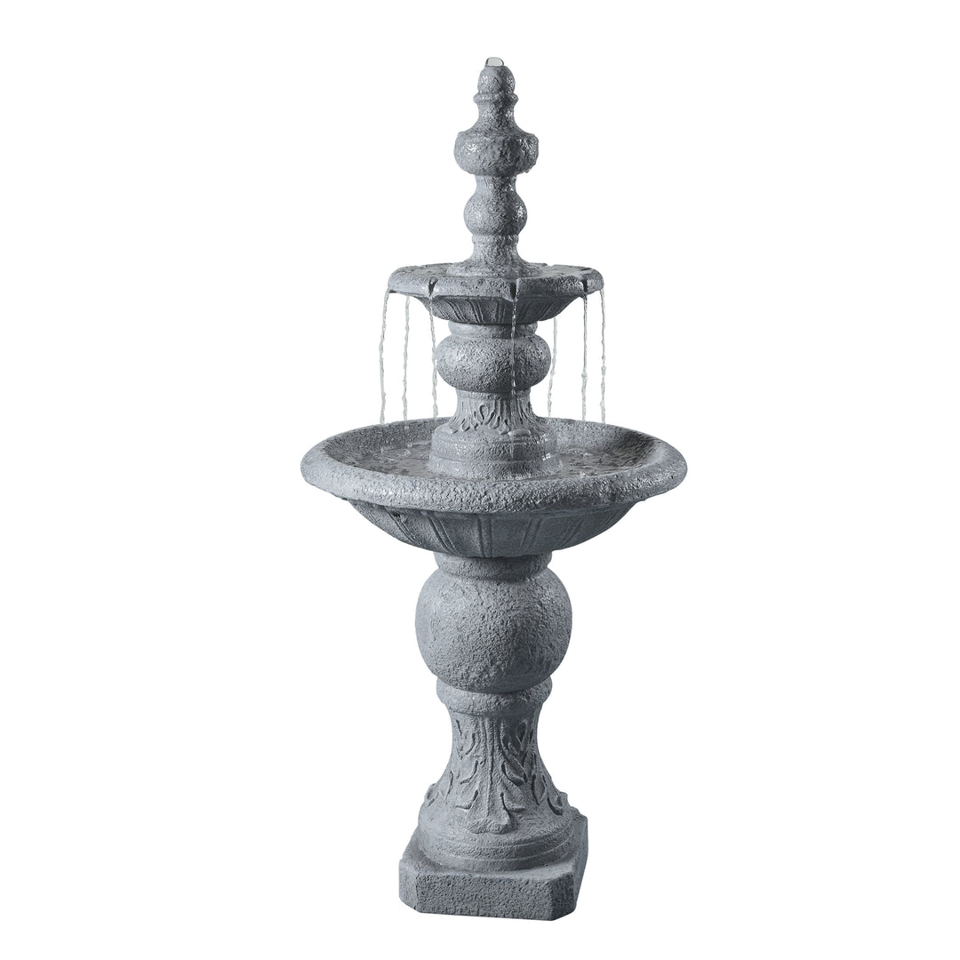 Sentence with product name: Teamson Home Icy Stone 2-Tier Waterfall Garden Fountain, Gray with water cascading down three levels, embodying natural tranquility as a piece of outdoor garden decor.