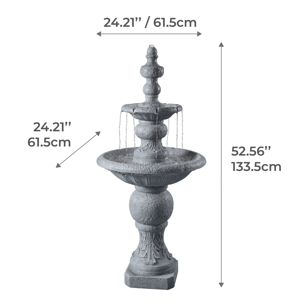Three-tiered Teamson Home Icy Stone 2-Tier Waterfall Garden Fountain, Gray, designed as durable statue decor, with dimensions labeled.