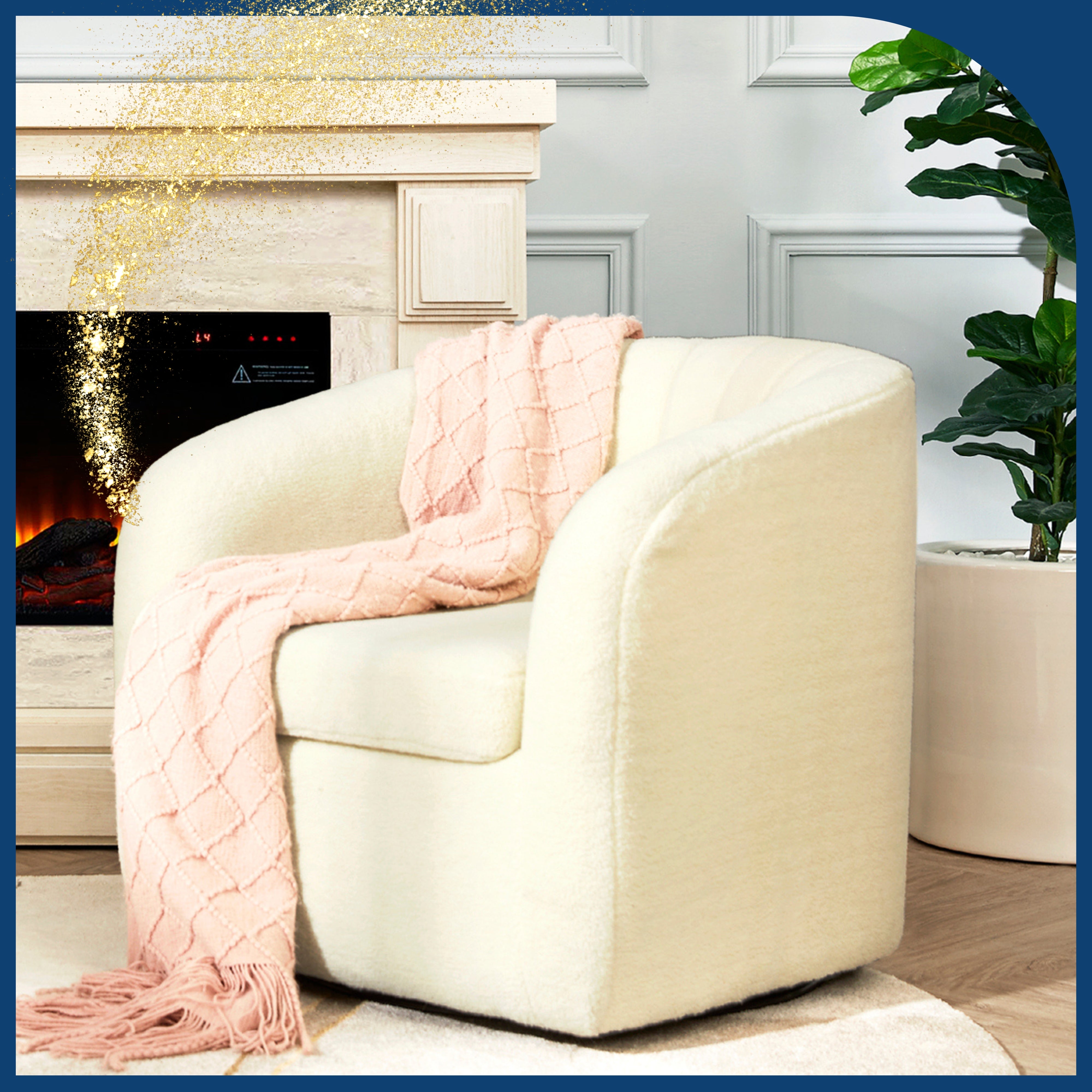 The ivory Monroe swivel chair looks welcoming with a warn blanket draped over it, next to a cozy fireplace