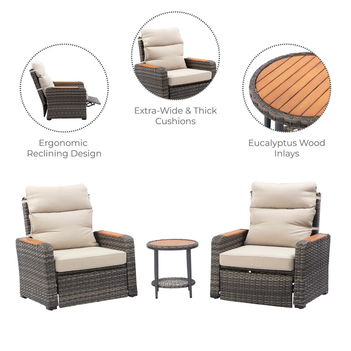 Wicker Frame & Wood Armrests Recliner Set in Gray Outdoor Seating