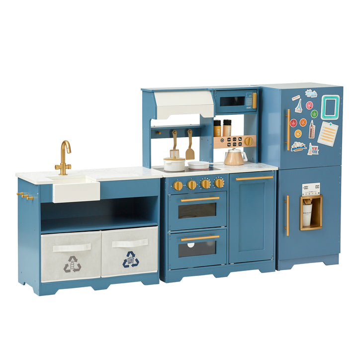 Teamson Kids Little Chef Atlanta Large Modular Play Kitchen in Stone Blue/Gold with appliances and accessories.