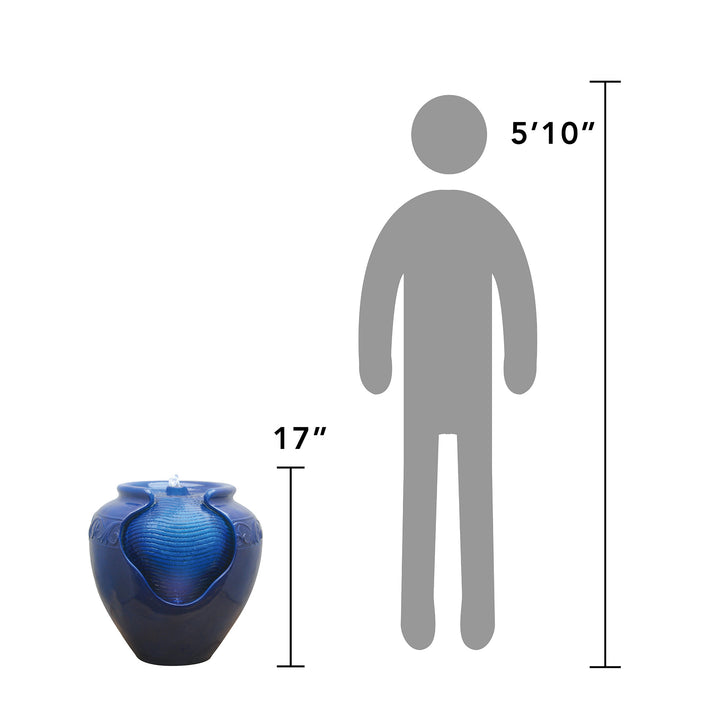 A size comparison between the Outdoor Glazed Pot Water Fountain and the average height of a man