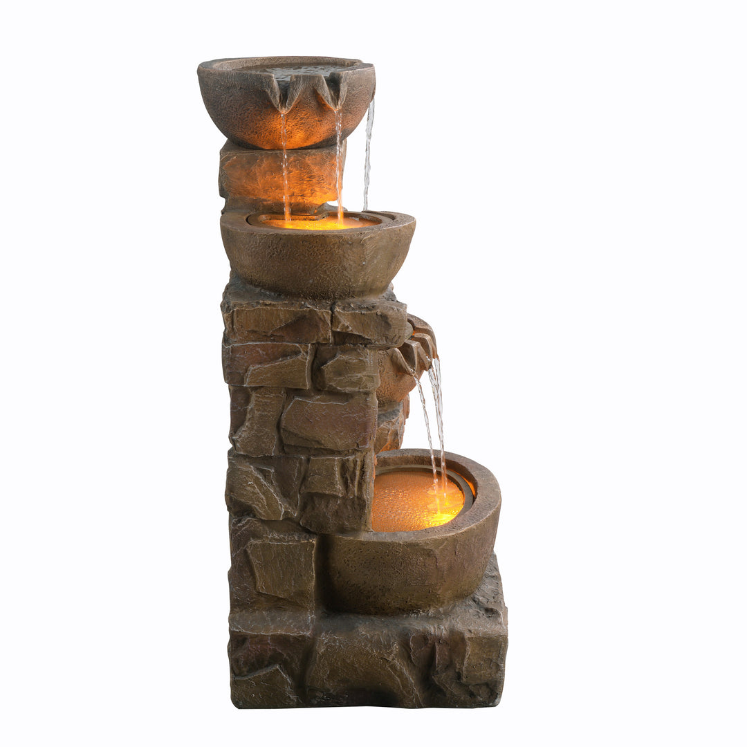 33.27" Cascading Bowls & Stacked Stones LED Outdoor Fountain, Brown with illuminated bowls.