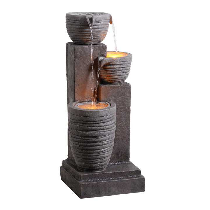 Horizontal Ribbed Pattern Outdoor Water Fountain with Warm Glow Lighting