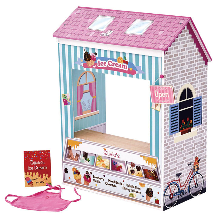A 4-in-1 18" doll playset with the Ice Cream shoppe facade with an open sign, menu, and sandwich board.