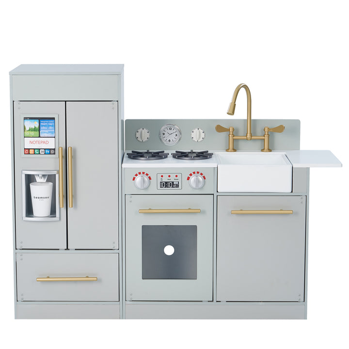 Teamson Kids Little Chef Charlotte Modern Play Kitchen, Silver Gray/Gold with a toy refrigerator, stove, sink, and cupboards in pastel colors.