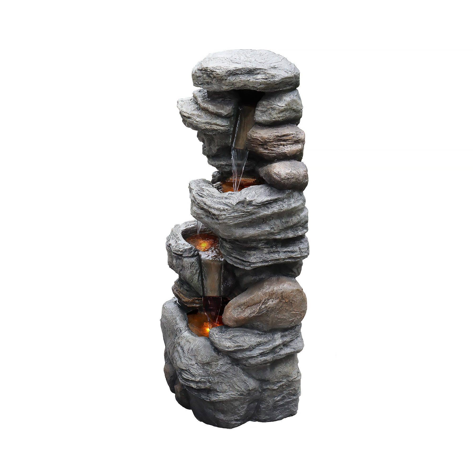 Teamson Home Indoor/Outdoor 4-Tier Stacked Stone-Look Tall Waterfall Fountain with LED Lights