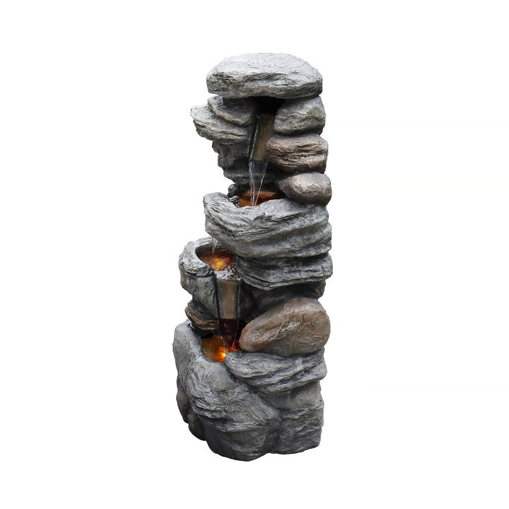 Teamson Home Indoor/Outdoor 4-Tier Stacked Stone-Look Tall Waterfall Fountain with LED Lights isolated on white background.