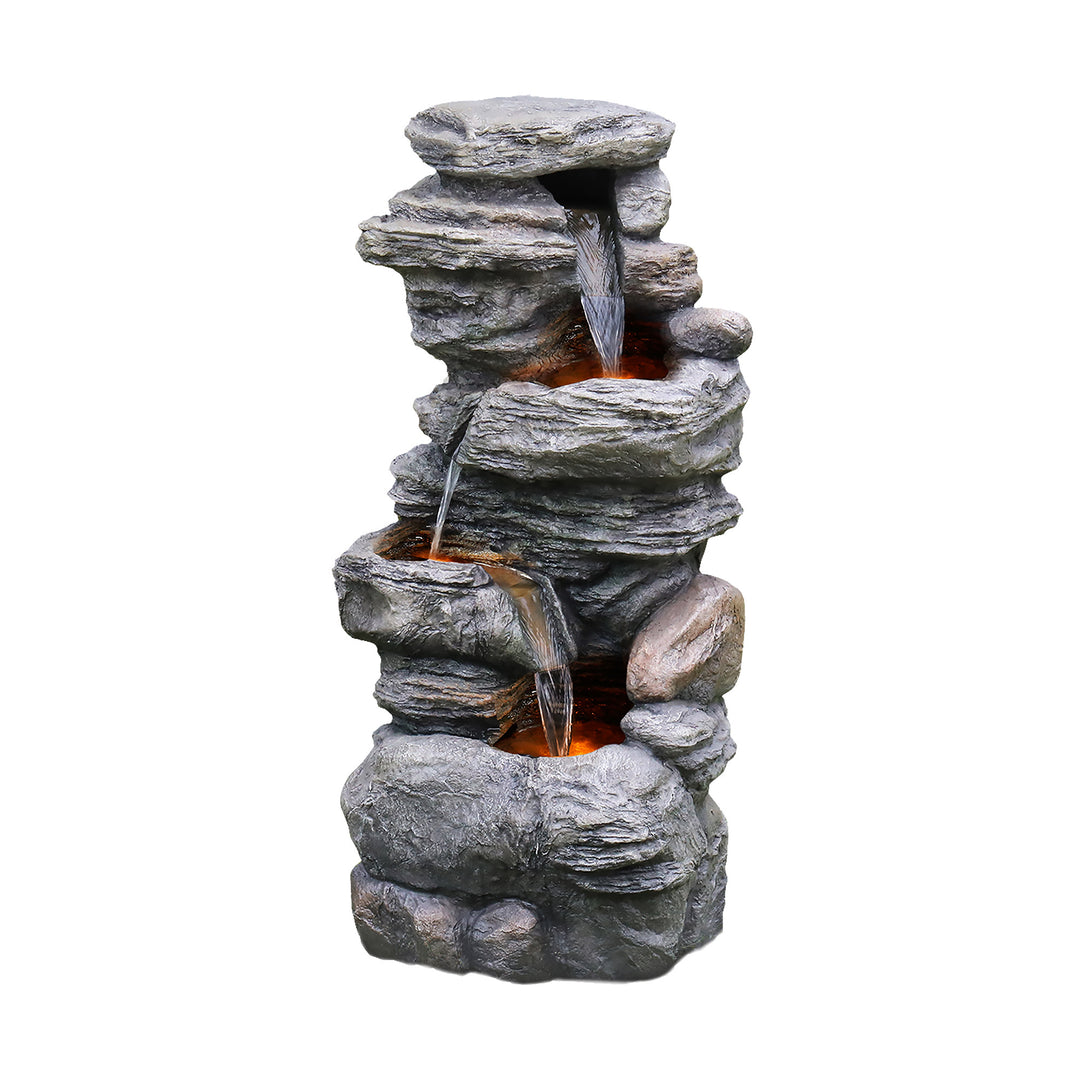 Teamson Home 4-Tier Stacked Stone Water Fountain with LED Lights, Gray isolated on a white background.