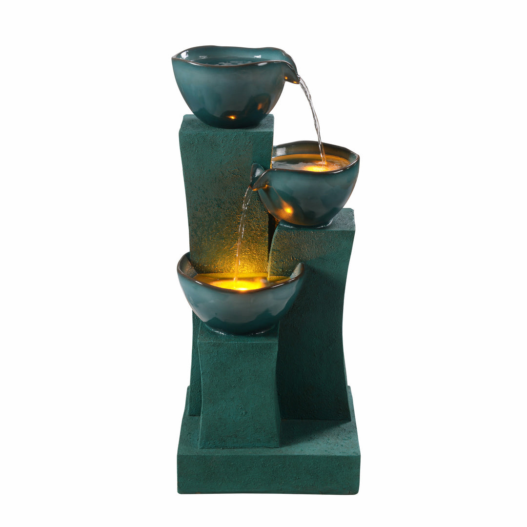 28.54" 3-Tier Outdoor Water Fountain with LED Lights, Green with flowing water and illuminated bowls.
