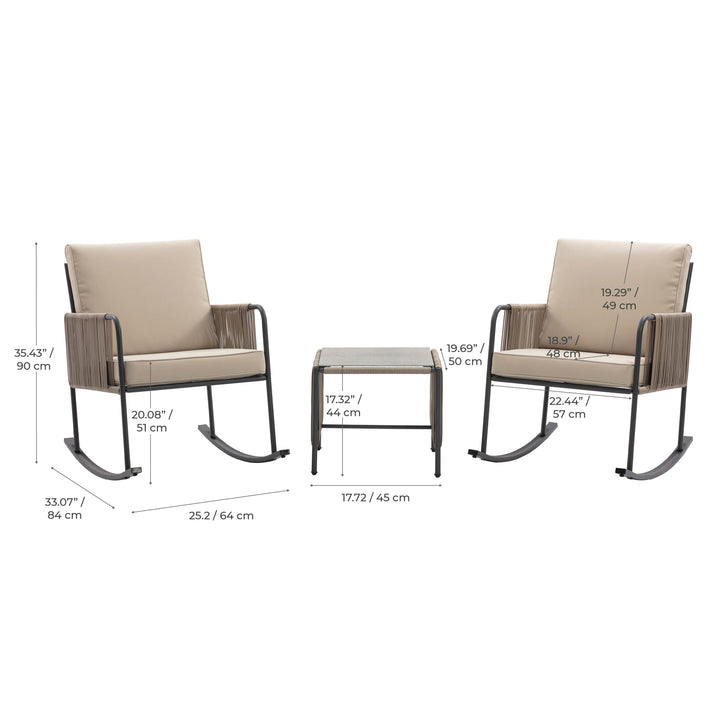Steel Frame Rocking Chair Conversation Set with Rope Accent Outdoor Furniture