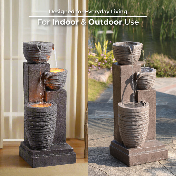 Horizontal Ribbed Pattern Outdoor Water Fountain with Warm Glow Lighting