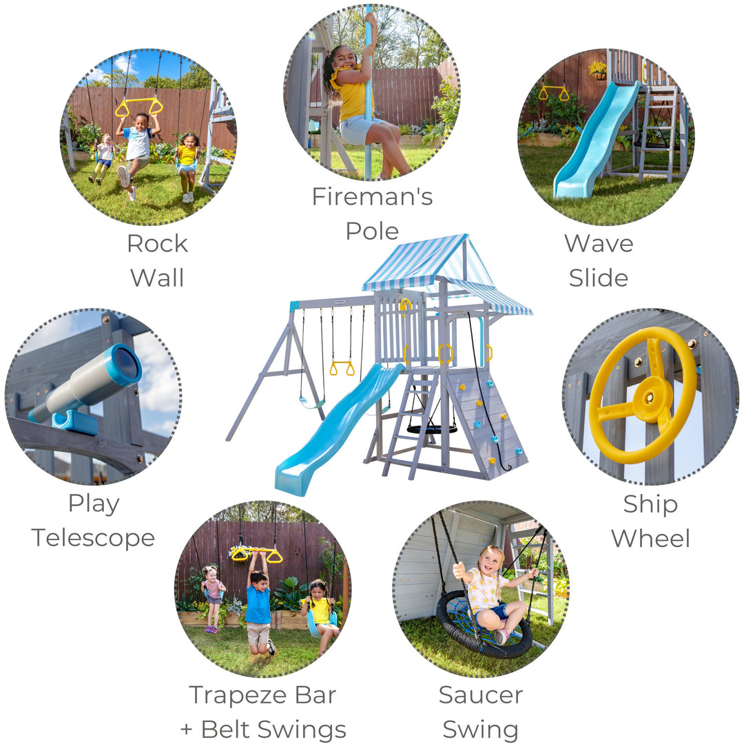 Teamson Kids Laguna Swing Set Playset with Platform Rock Wall, Gray