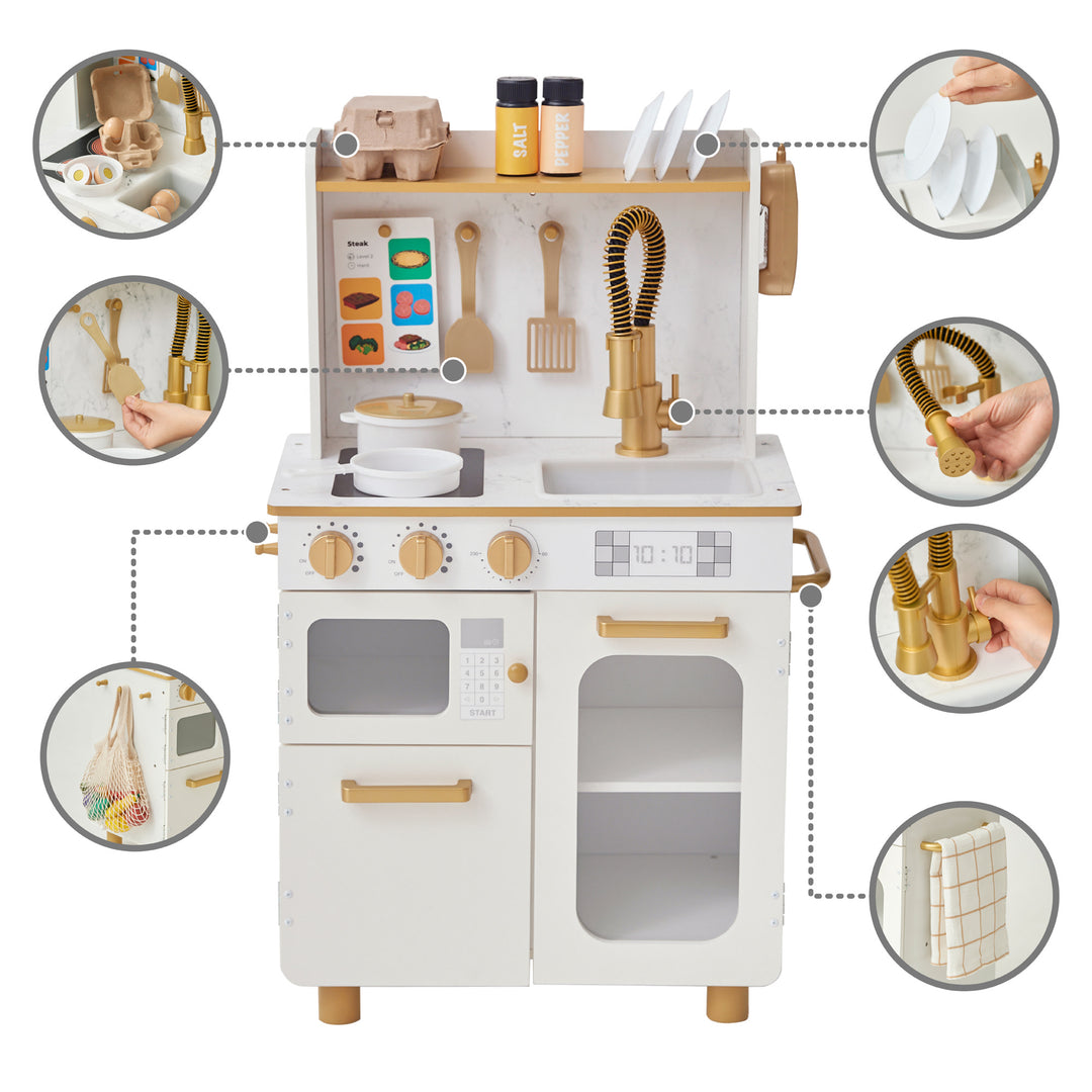 Exploded view of the Teamson Kids - Little Chef Memphis Small Play Kitchen, White/Gold showcasing its components and assembly features.
