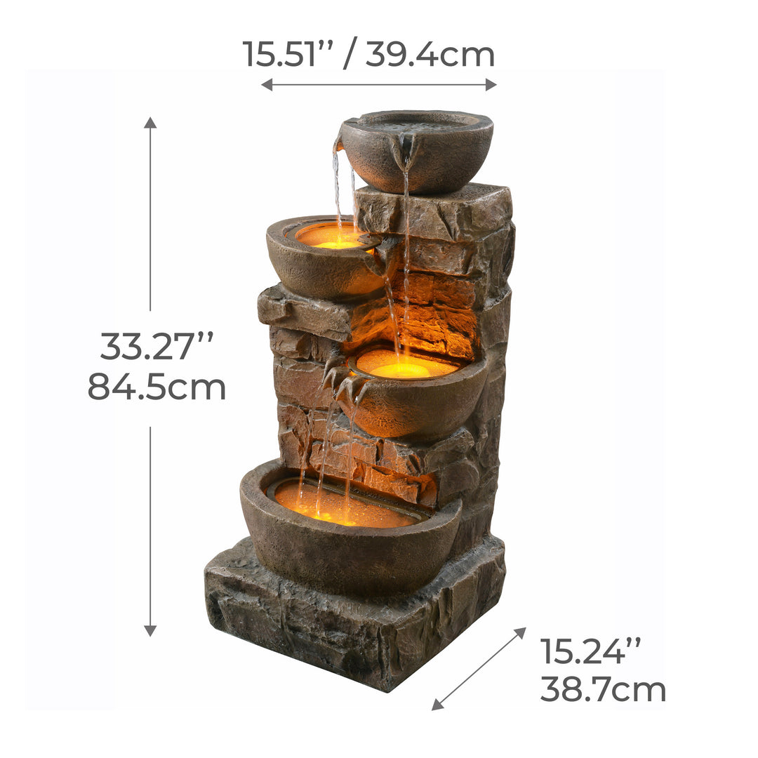 A 33.27" Cascading Bowls & Stacked Stones LED Outdoor Fountain, Brown with dimensions in inches and centimeters