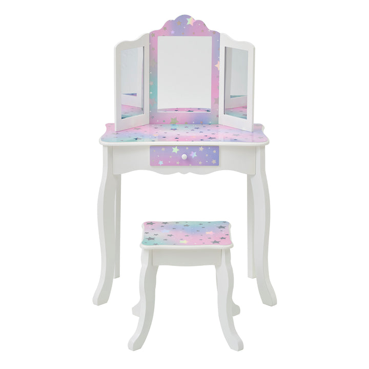 A white Fantasy Fields Gisele Starry Sky Print vanity set with a mirror and stool.