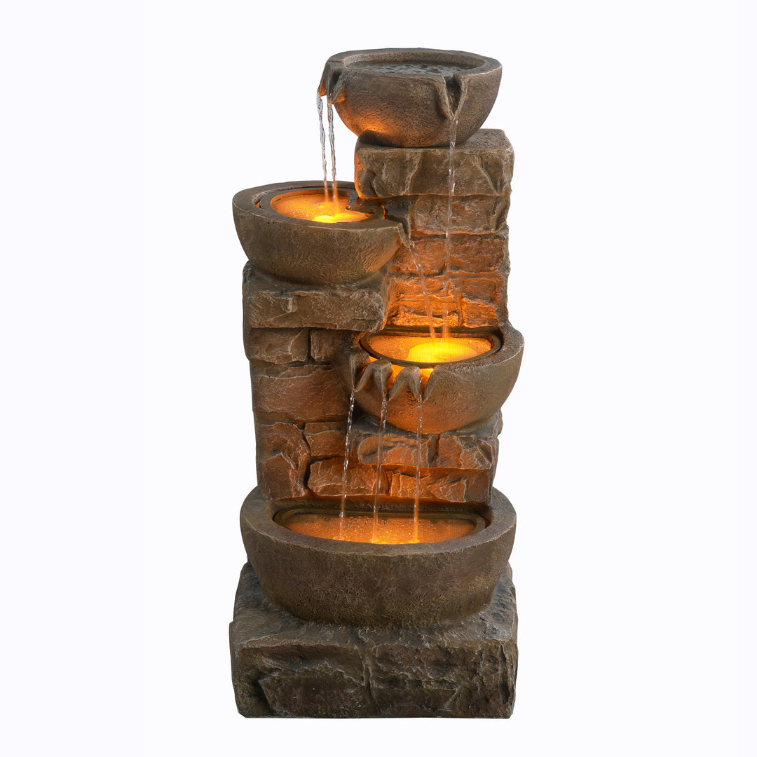 A 33.27" Cascading Bowls & Stacked Stones LED Outdoor Fountain, Brown with illuminated basins.