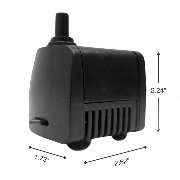 A black water pump with labeled dimensions: height 2.24 inches, width 1.73 inches, and length 2.52 inches.