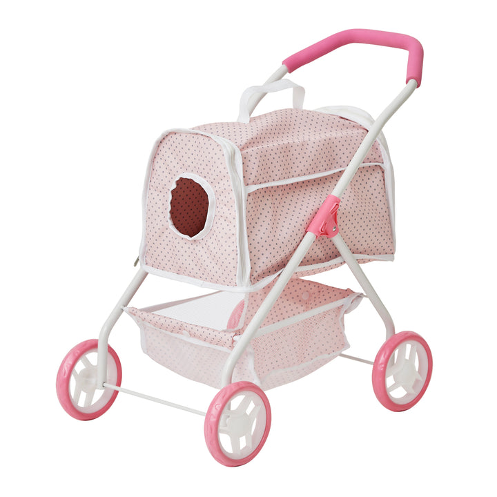 An enclosed 2-in-1 pet stroller with a detachable carrier in pink with gray polka dots.