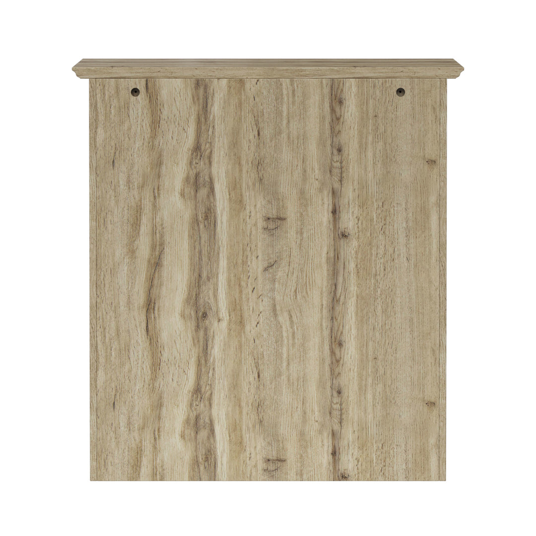 Back view of a light oak finished wall cabinet.