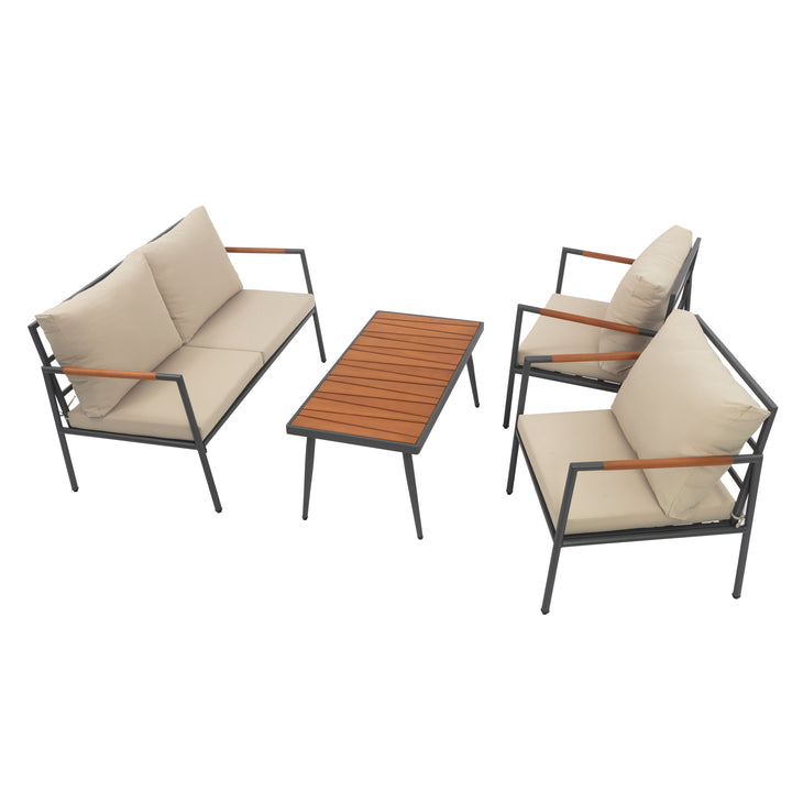 Cushioned Backrest & Wood Armrests Conversation Set Outdoor Patio Furniture
