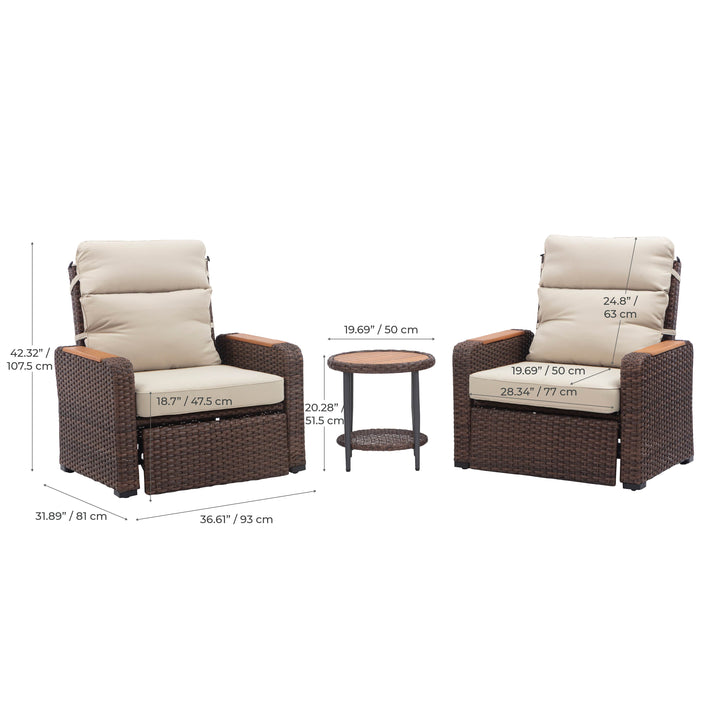 Wicker Frame & Wood Armrests Recliner Set in Warm Brown Outdoor Seating