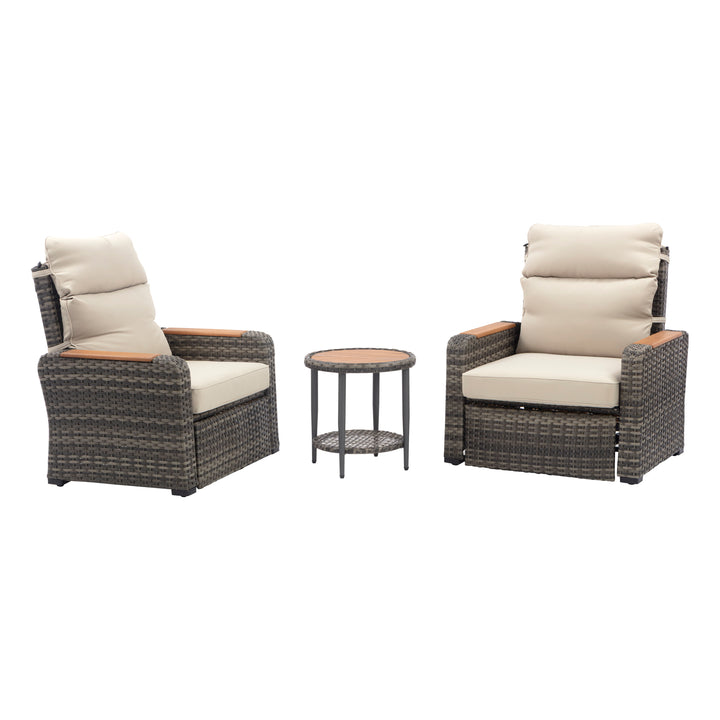 Wicker Frame & Wood Armrests Recliner Set in Gray Outdoor Seating