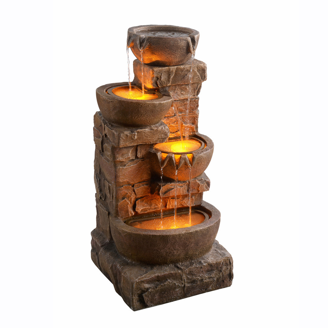 33.27" Cascading Bowls & Stacked Stones LED Outdoor Fountain, Brown