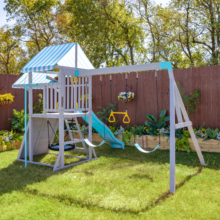 Teamson Kids Laguna Swing Set Playset with Platform & Rock Wall, Gray