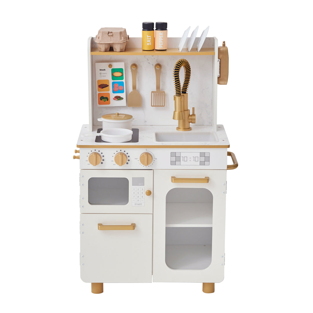 Children's Teamson Kids - Little Chef Memphis small play kitchen set with a shelf above the backsplash with eggs, salt & pepper, and plate holders.
