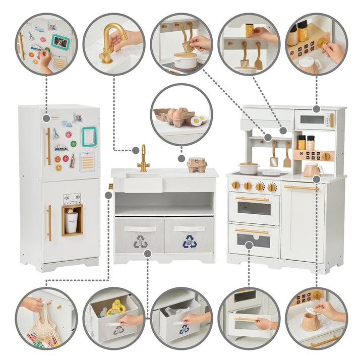 Children's Teamson Kids - Little Chef Atlanta Large Modular Play Kitchen, White/Gold set with detailed zoom-ins on accessories and features.