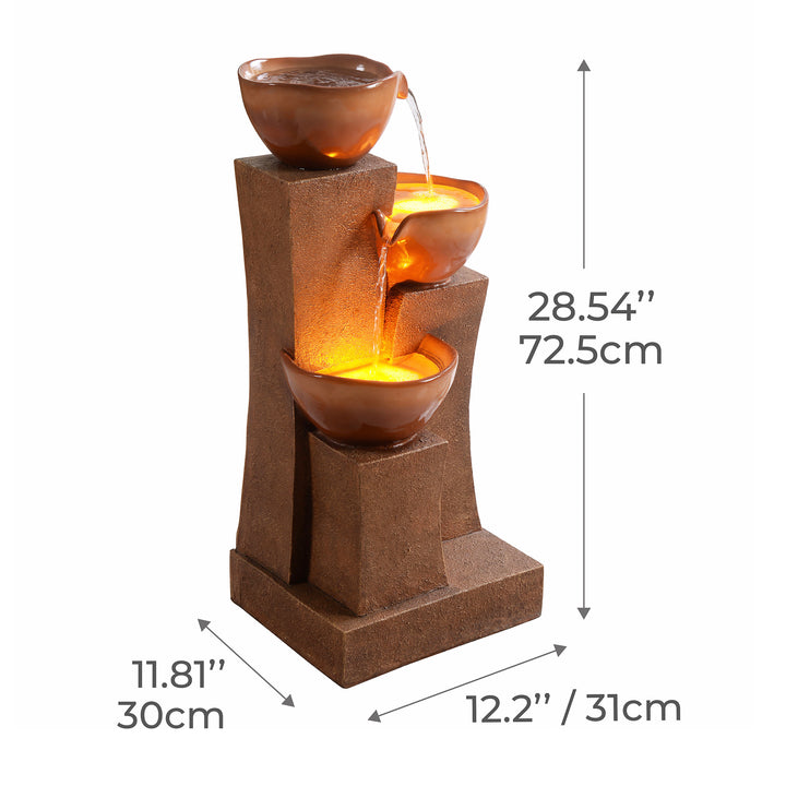 28.54" 3-Tier Outdoor Water Fountain with LED Lights, Brown with cascading bowls and led lights, including dimensions in inches and centimeters
