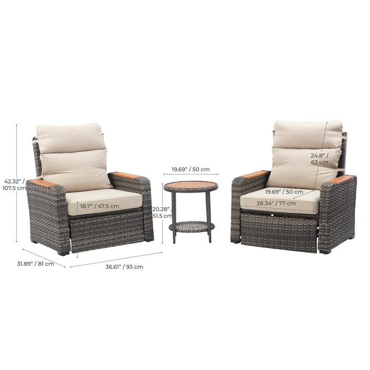 Wicker Frame & Wood Armrests Recliner Set in Gray Outdoor Seating