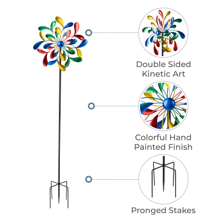 Colorful 18" dia. x 70" H Metallic Kinetic Windmill Spinner with a double-sided kinetic art design and pronged stakes for stability.