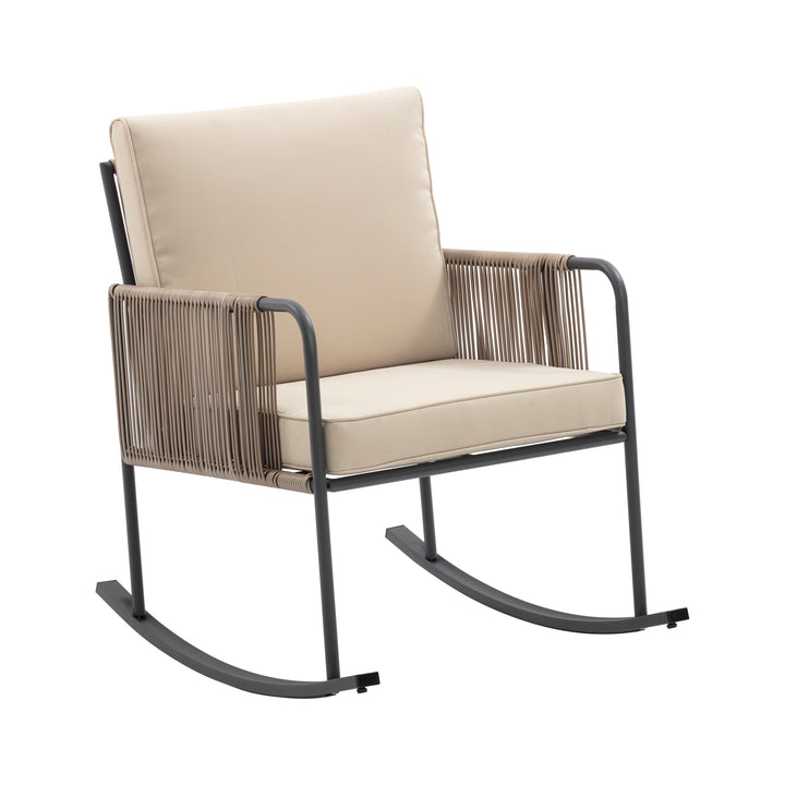Steel Frame Rocking Chair Conversation Set with Rope Accent Outdoor Furniture