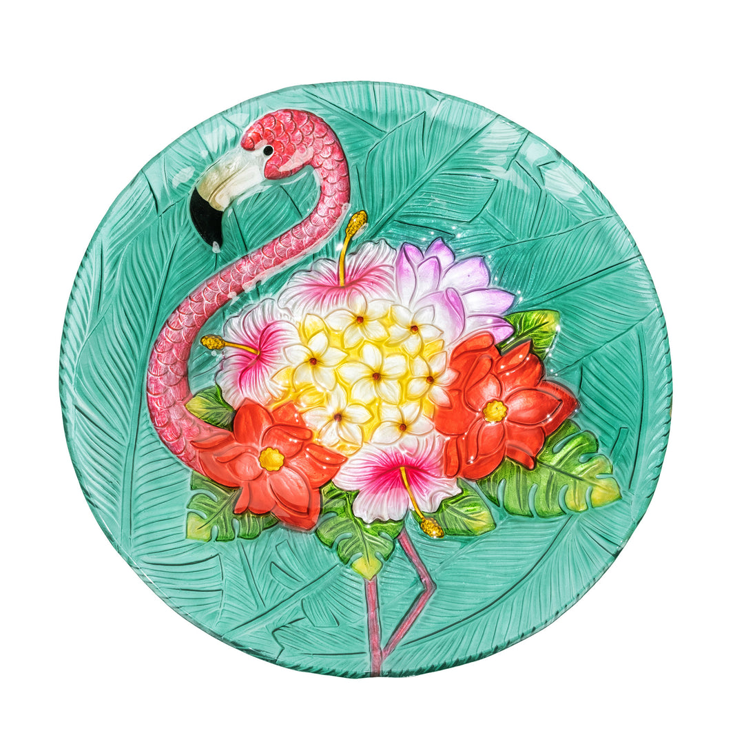 17.8" Fusion Glass birdbath with a metal stand with a colorful flamingo and floral design.