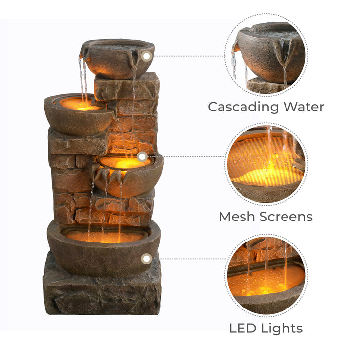 A 33.27" Cascading Bowls & Stacked Stones LED Outdoor Fountain with cascading water, mesh screens, and led lights.