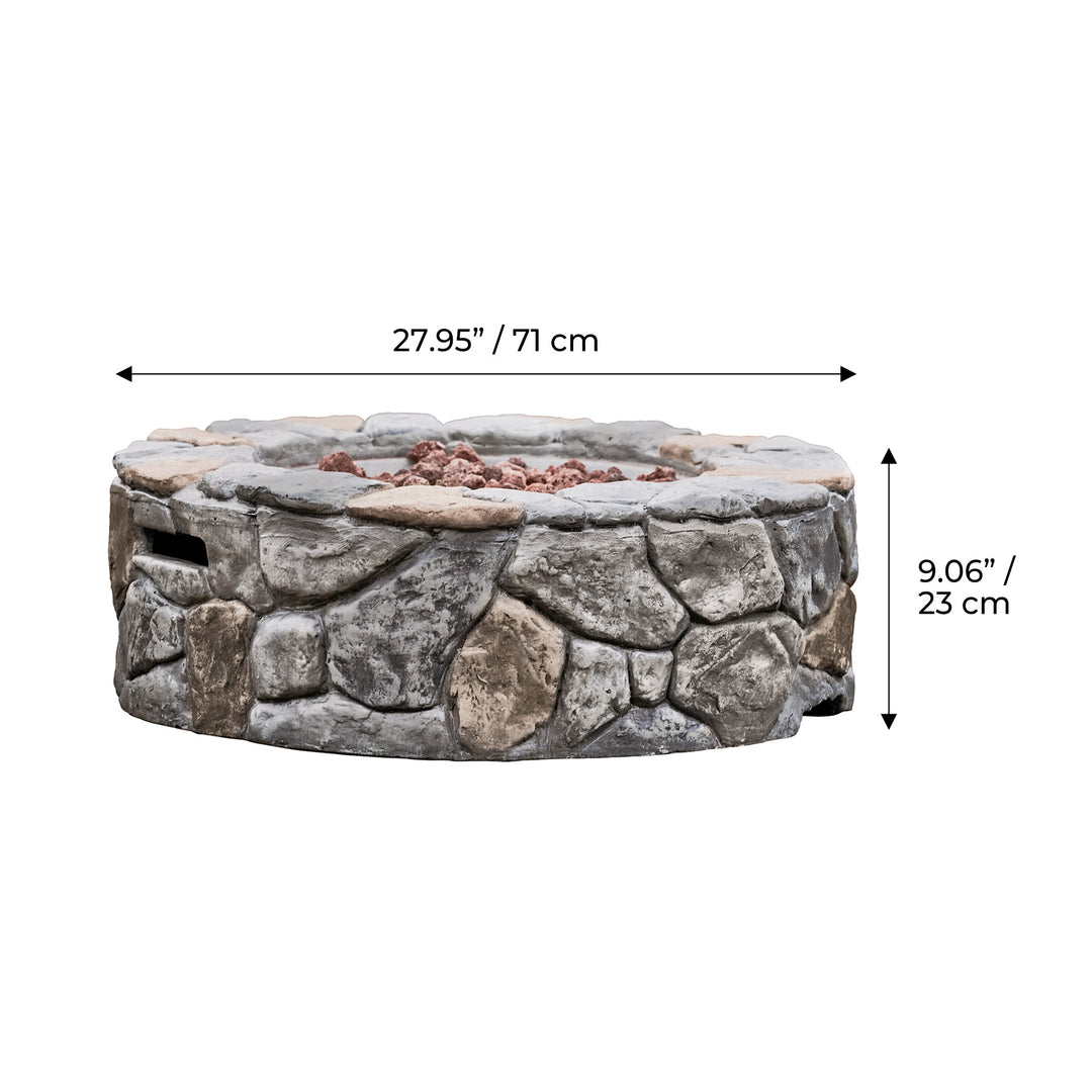 Teamson Home 28" Outdoor Round Stone Propane Gas Fire Pit, Stone Gray with measurements in inches and centimeters