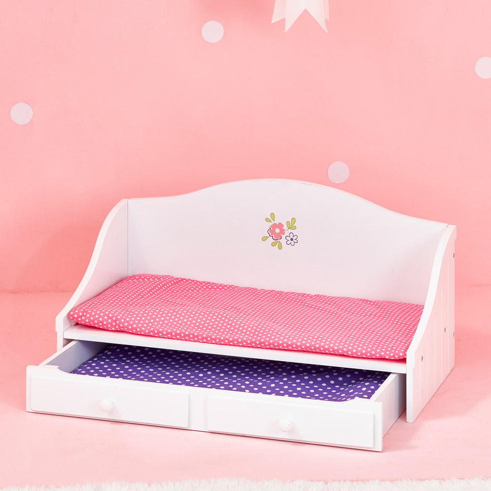 A white trundle bed for 18" dolls with a pink mattress with white polka dots and a purple one with white polka dots.