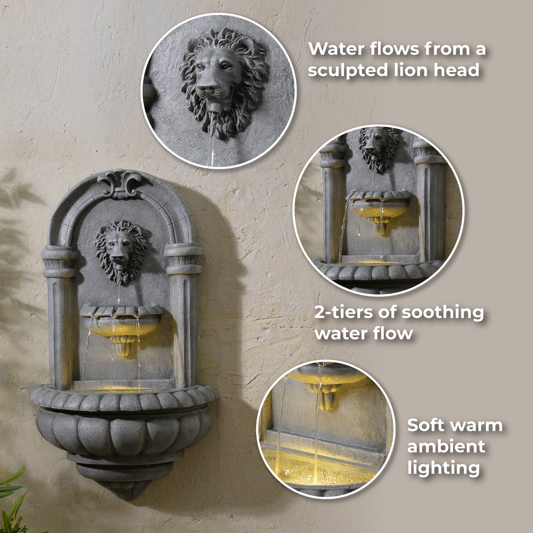 Teamson Home 32" Tiered Lion Head LED Outdoor Water Fountain, Natural Stone