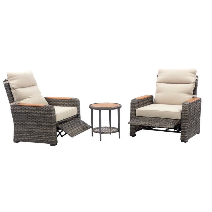 Wicker Frame & Wood Armrests Recliner Set in Gray Outdoor Seating