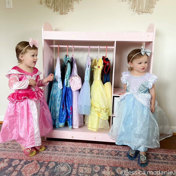 Fantasy Fields Kids Freestanding Jasmine Star Print Clothing Rack with Shelves and Storage Bins, Pink