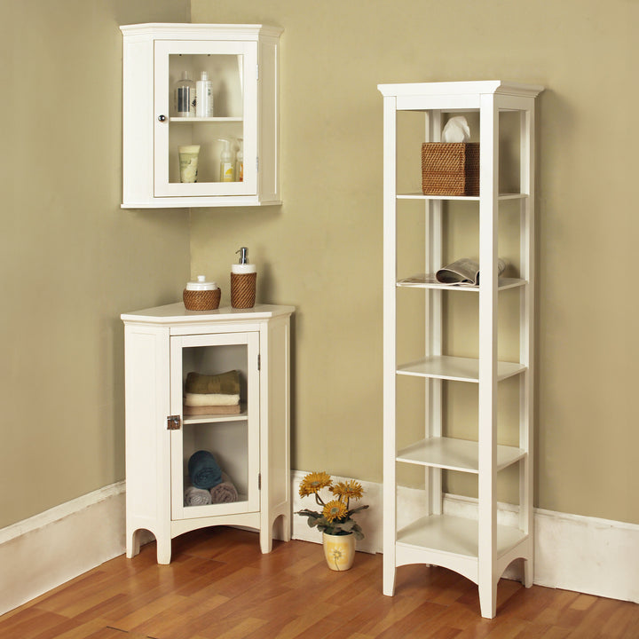 Madison Open Linen Shelf next to a corner wall cabinet and a corrner floor cabinet in a yellow bathroom