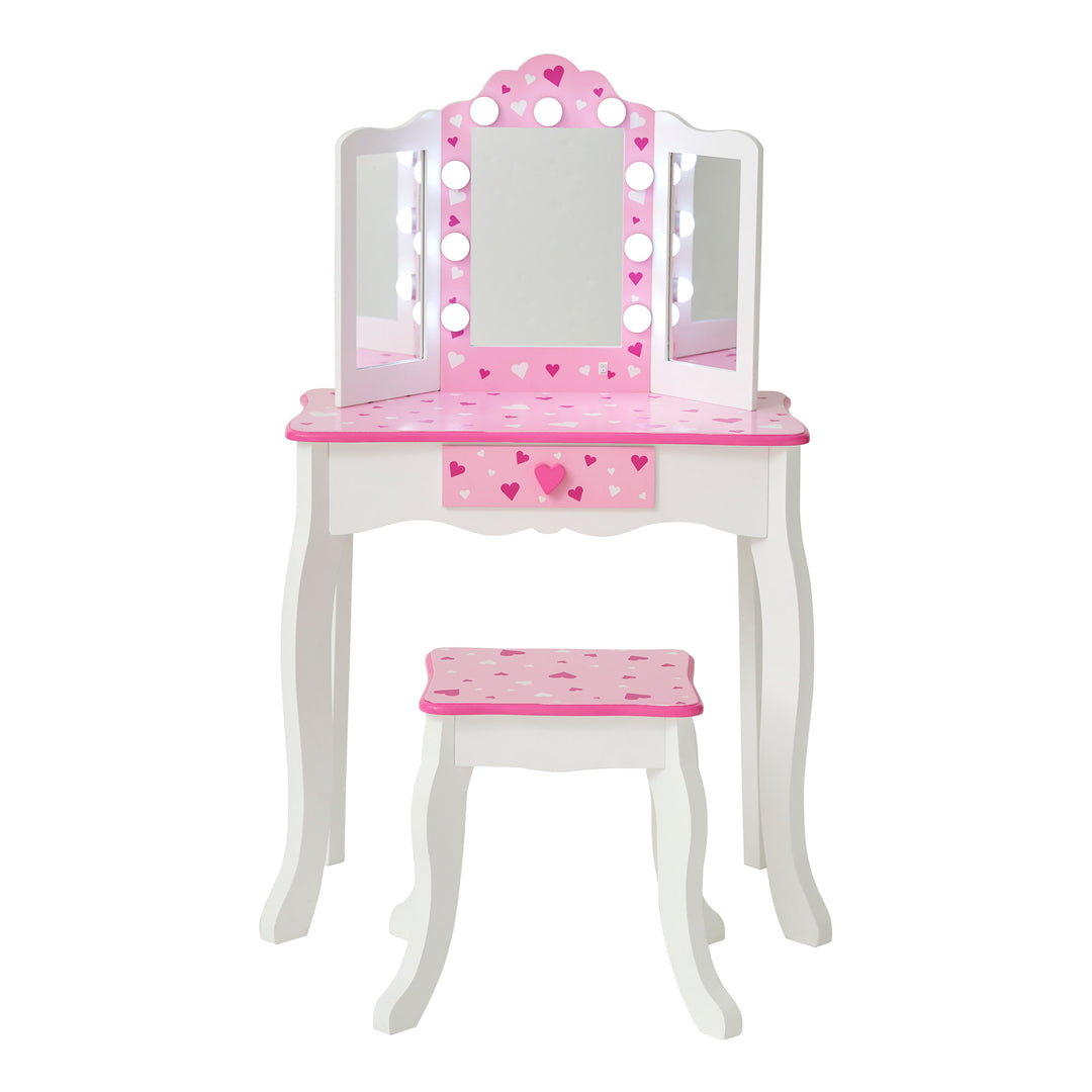 A Fantasy Fields - Gisele Sweethearts Print vanity set in white/pink with a stool and mirror.