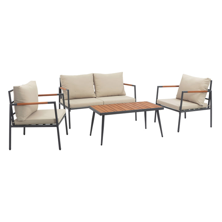 Cushioned Backrest & Wood Armrests Conversation Set Outdoor Patio Furniture