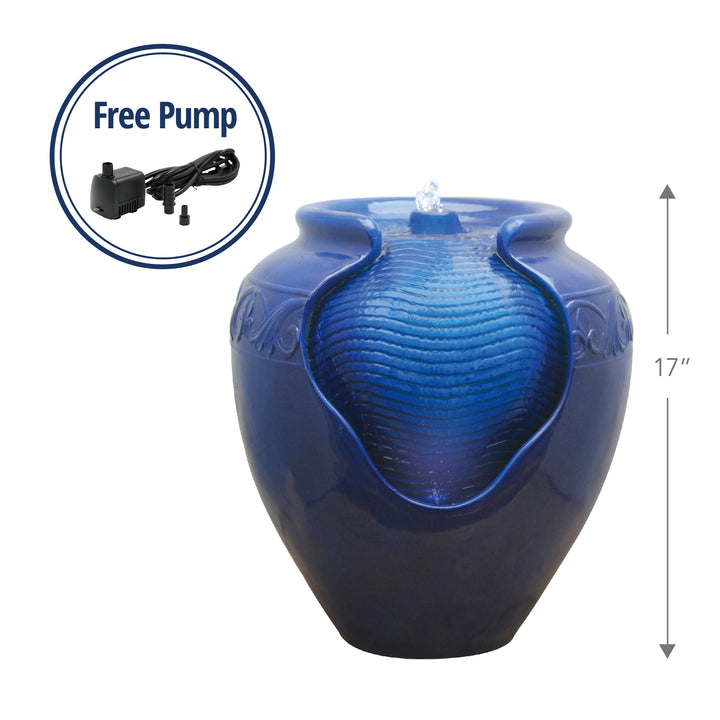 Blue Teamson Home Outdoor Glazed Pot Floor Fountain with LED Lights, Royal Blue with a free pump included, height indicated as 17 inches.